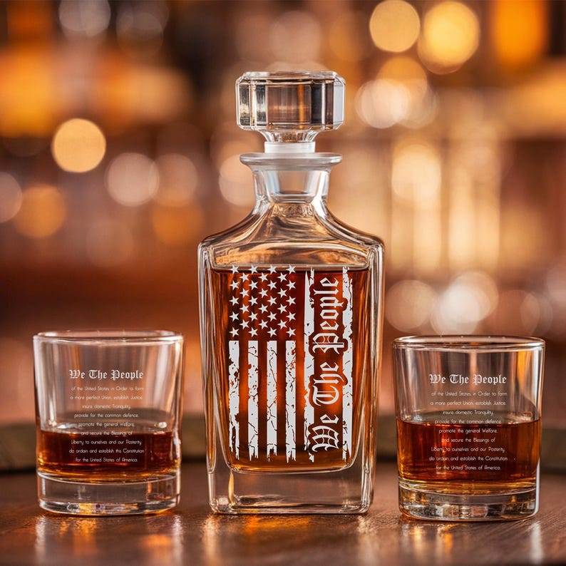 We The People American Flag Decanter Set And Whiskey Glasses | Engraved Whiskey Decanter Set