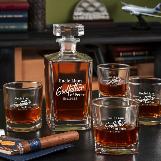 Godfather Personalized Name And Year Decanter Set And Whiskey Glasses | Engraved Whiskey Decanter Set