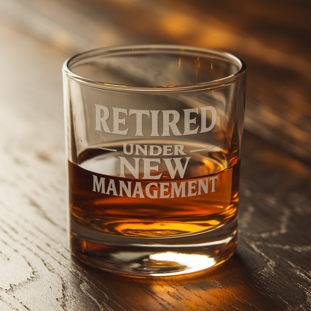 Retired Under New Management Whiskey Glass | Funny Retirement Gifts | Engraved Whiskey Glass