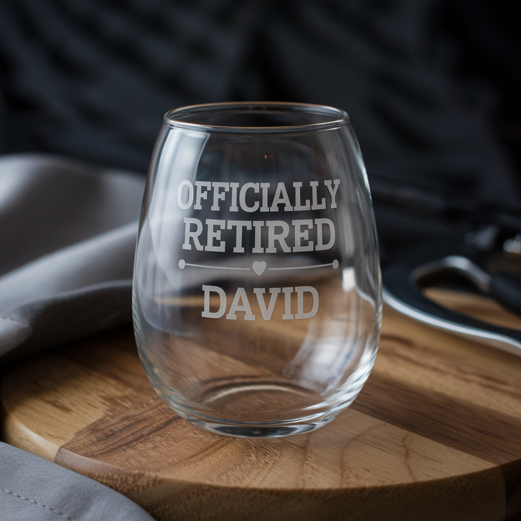 Personalized Officially Retired Wine Glass | Custom Name Wine Glass | Engraved Wine Glass