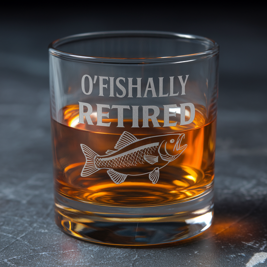 O'Fishally Retired Whiskey Glass | Funny Retirement Gifts | Engraved Whiskey Glass