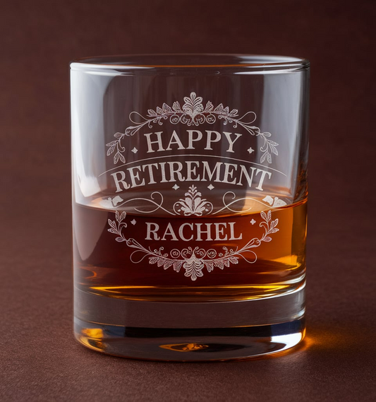 Custom Name Happy Retirement Whiskey Glass | Funny Retirement Gifts | Engraved Whiskey Glass