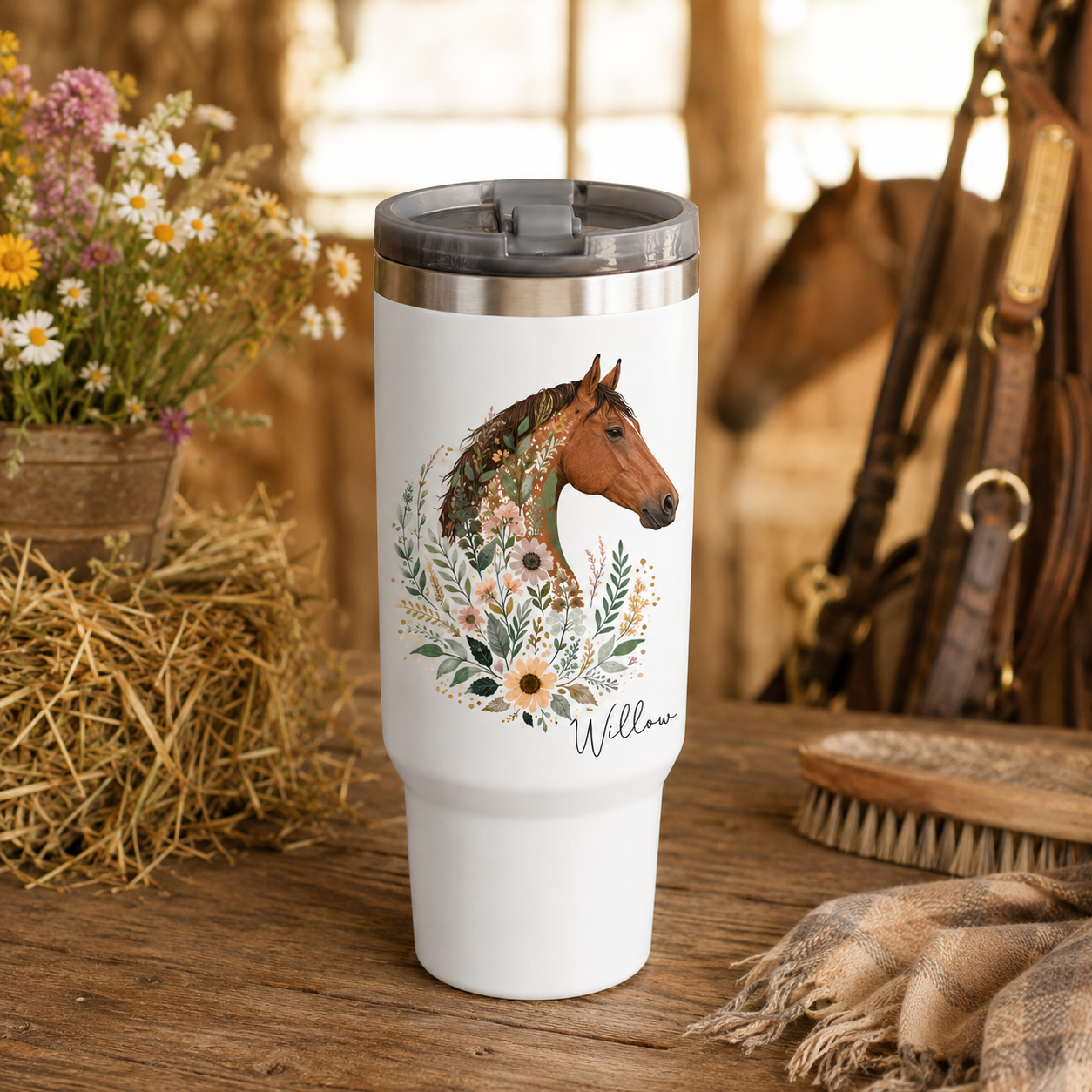 Custom Photo Flower Horse 30oz Tumbler | Gift For Horse Lovers | Pet Lover Gifts TOM99