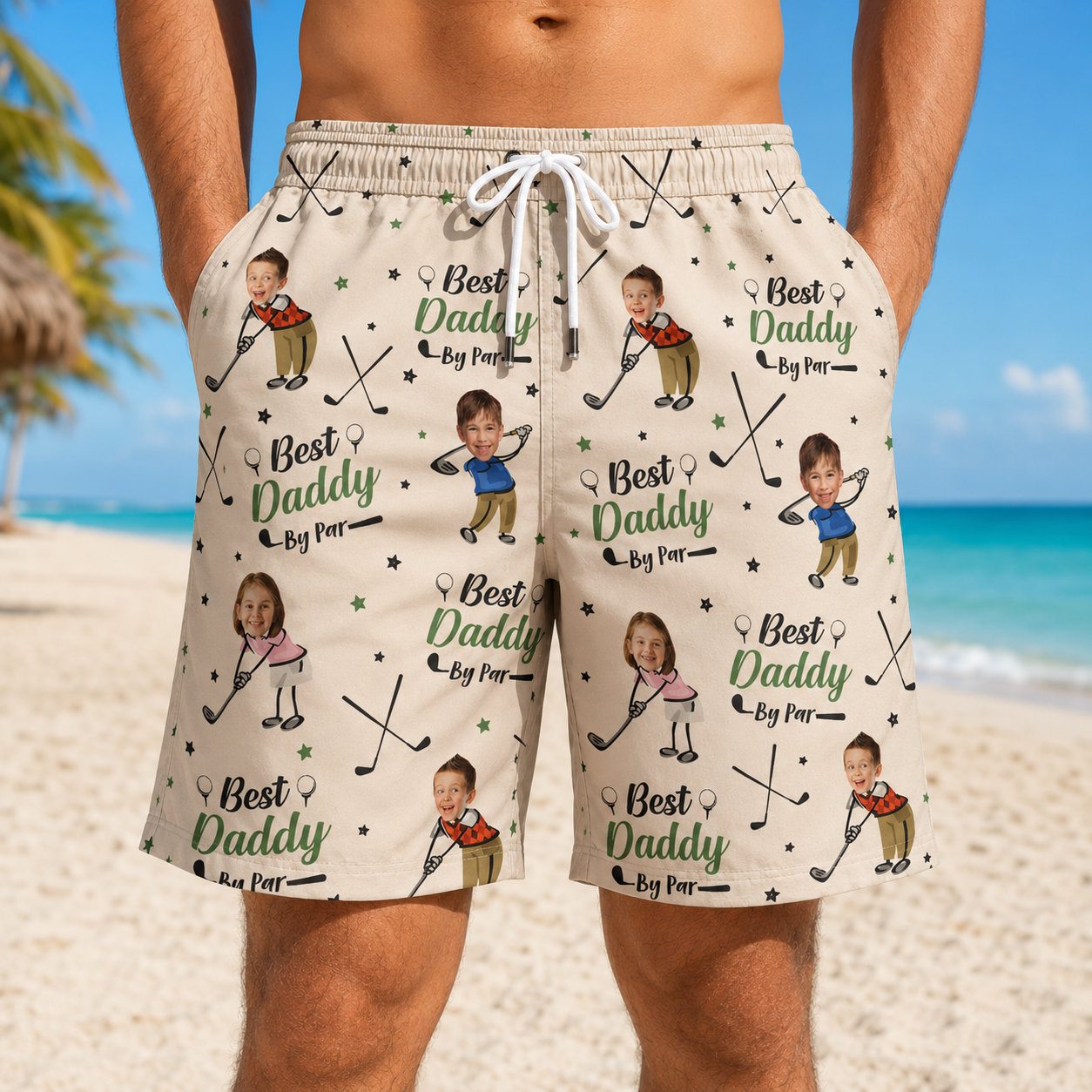Custom Photo Best Daddy Summer Beach Shorts, Personalized Matching Swim Trunks, Tropical Family Vacation Gift