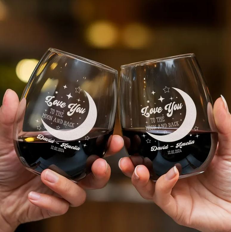 Personalized Love You To The Moon Wine Glass | Custom Gift For Couple | Engraved Wine Glass