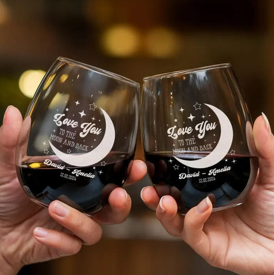 Personalized Love You To The Moon Wine Glass | Custom Gift For Couple | Engraved Wine Glass