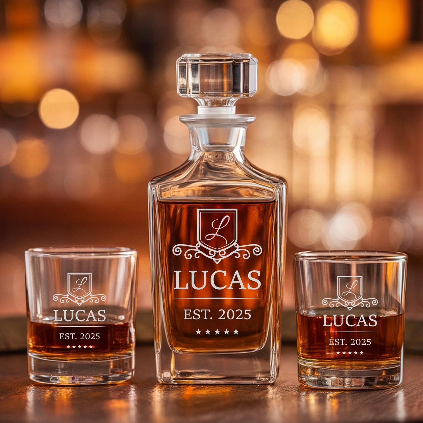 Custom Name And Year Whiskey Glass And Decanter Set
