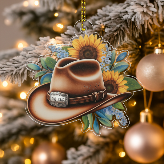 Custom Name Rustic Sunflower Cowboy Hat Acrylic Ornament Christmas Gift