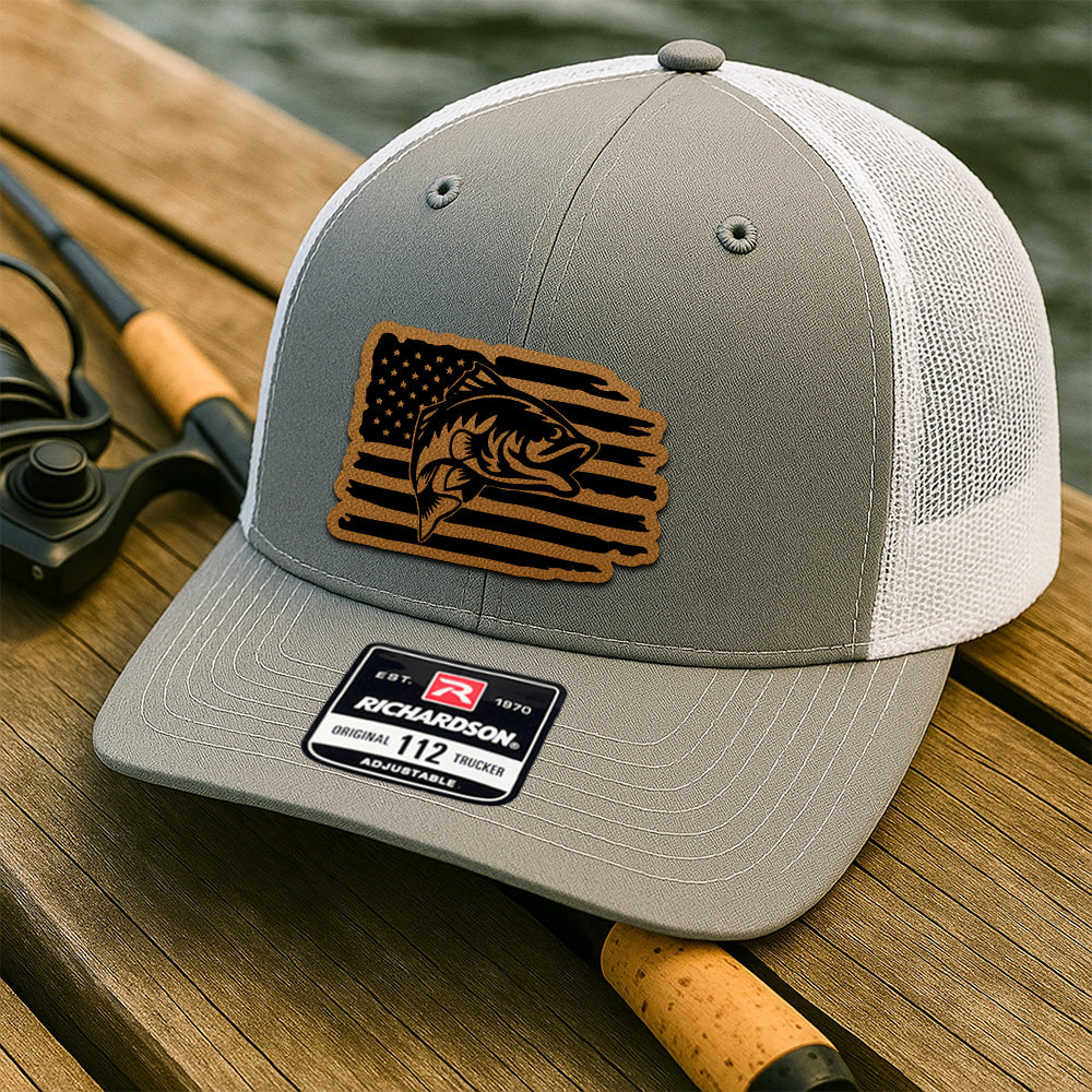 Personalized Fishing Distressed American Flag Trucker Hat – Custom Leather Patch Cap for Men THUC99MF03