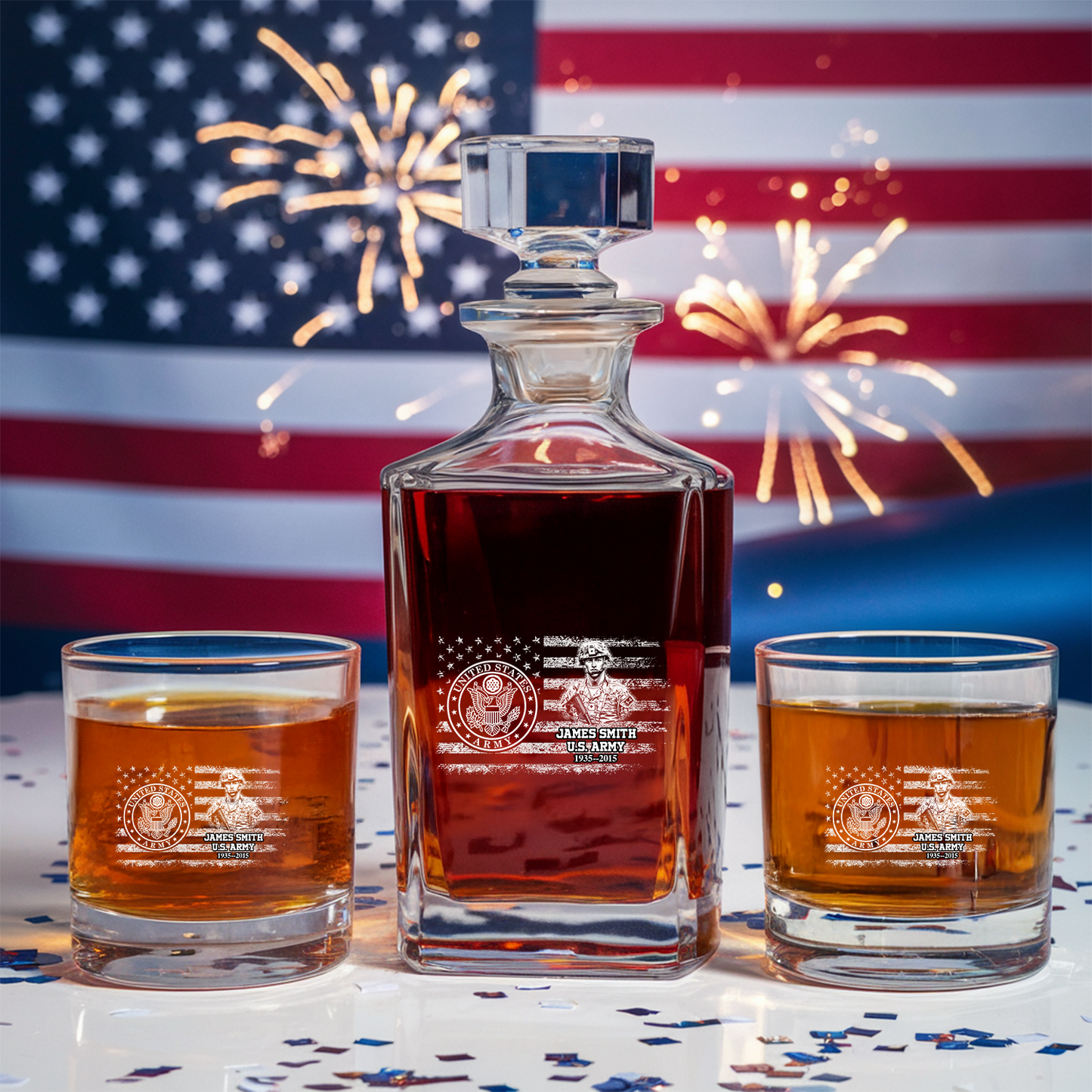 Custom Design Veteran Decanter With Whiskey Set, Military Soldier Gift, Patriotic Gift for Veterans, Gift For Independence Day, Veteran Whiskey Glass TND098