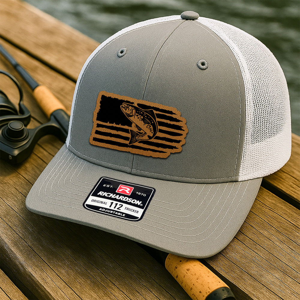 Personalized Fishing Leather Patch Trucker – American Flag Edition – Gift for Outdoorsmen THUC99MF03