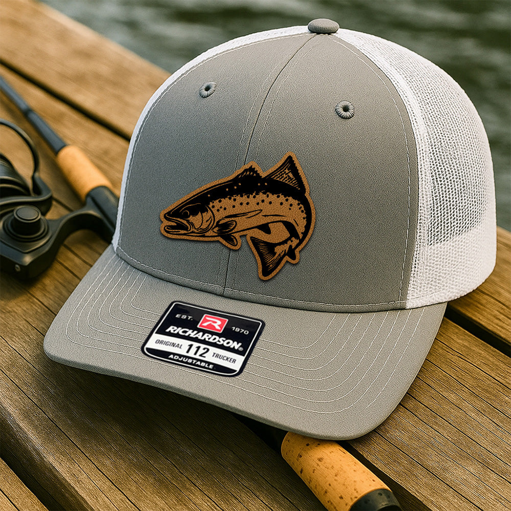 Custom Fishing Trucker Hat – Personalized Leather Patch Gift for Fishermen and Dads THUC99MF30