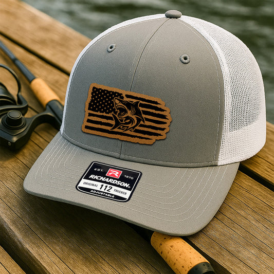 Personalized Fishing Leather Patch Trucker – American Flag Edition – Gift for Fishman THUC99MF03
