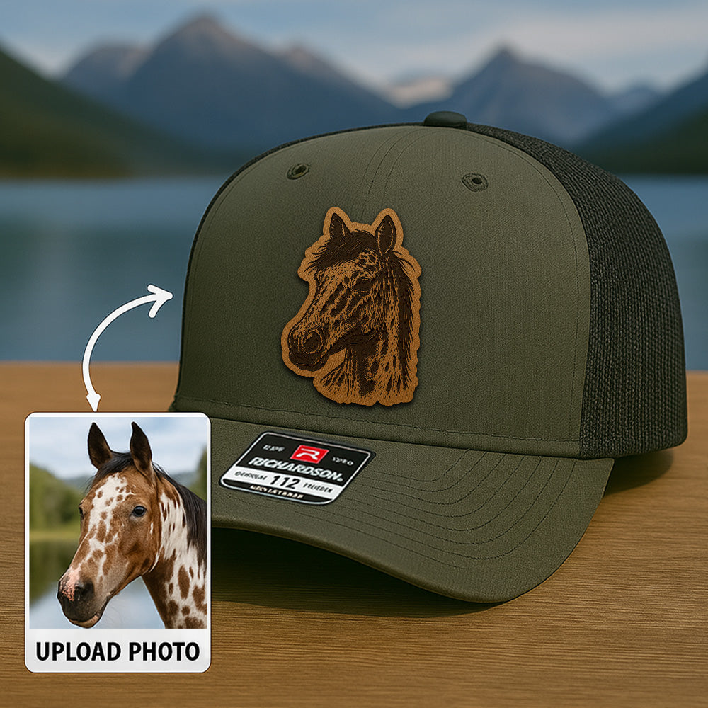 Custom Pet Photo Trucker Hat – Personalized Leather Patch Hat – Horse Portrait Gift – Custom Pet Face Hat P99A21