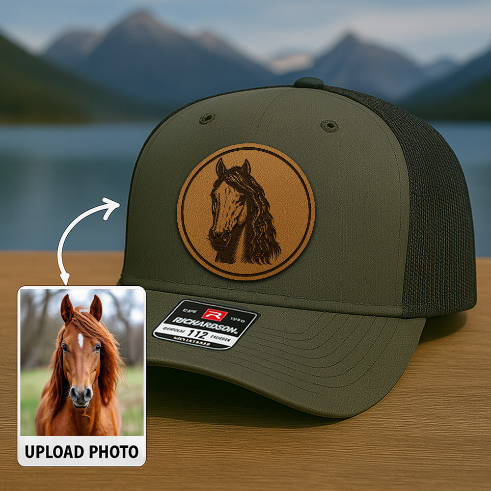 Personalized Photo Leather Patch Hat | Custom Horse Photo Trucker Hat | Gift For Pet Owners THUC99P10