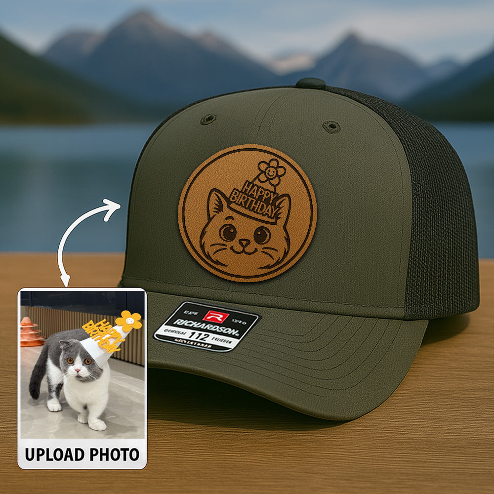 Custom Cat Photo Trucker Hat | Personalized Pet Patch Leather Patch Hat | Cat Memorial Gift TNGANSP025