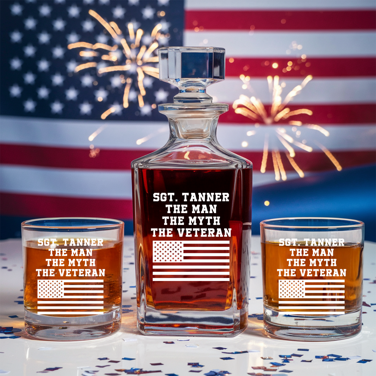 Personalized US Veteran Whiskey Decanter Gift Set | American Flag Whiskey Glass | Patriotic Gift for Veterans