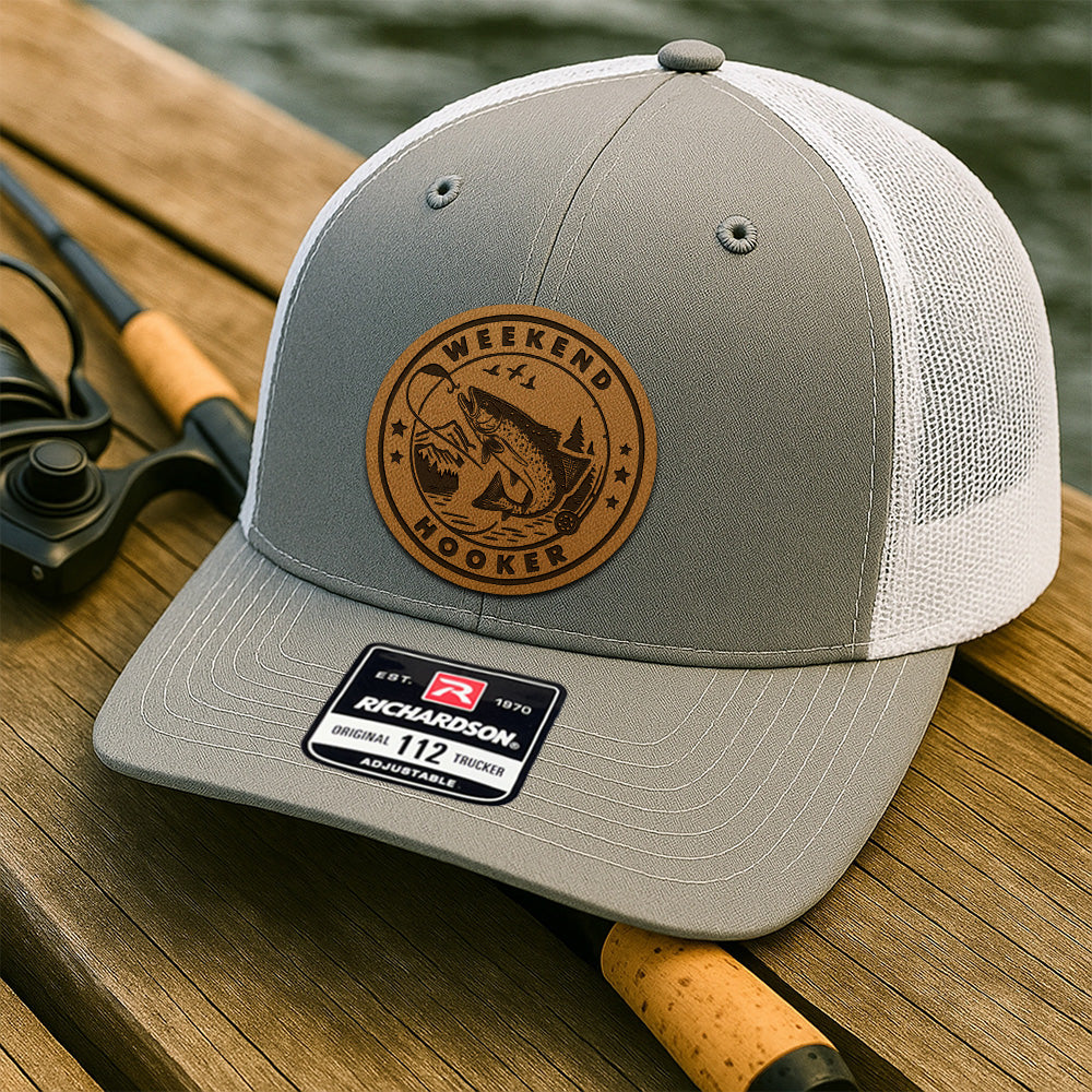 Personalized Fishing Trucker Hat – Custom Fish Leather Patch Hat – Gift for Dad, Husband, or Grandpa THUC99MF22