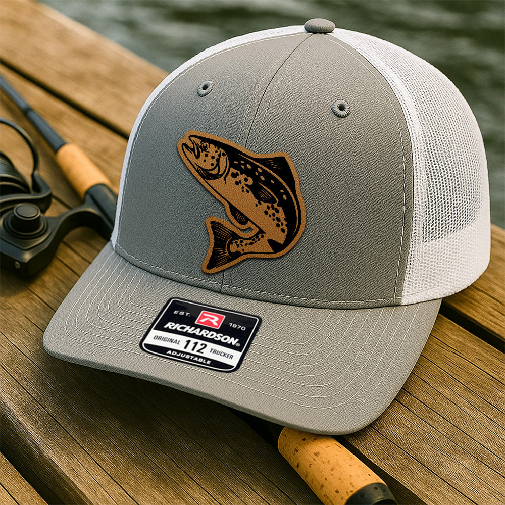 Custom Fishing Trucker Hat for Men – Personalized Leather Patch Hat Gift for Dad or Husband THUC99MF29