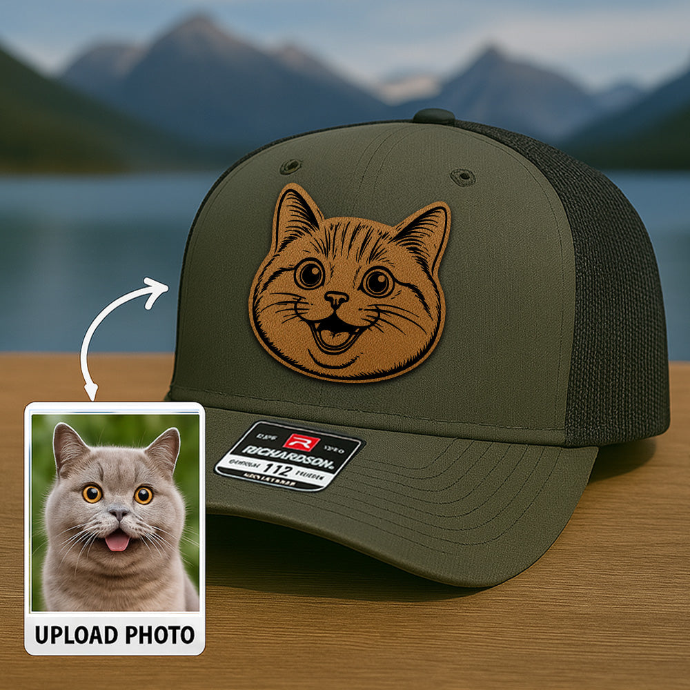 Custom Pet Photo Trucker Hat – Personalized Leather Patch Hat – Cat Portrait Gift – Custom Pet Face Hat P99A15