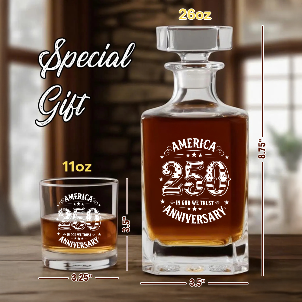 America 250 Years Anniversary Engraved Whiskey Decanter Set, Patriotic Bourbon Gift THUC99