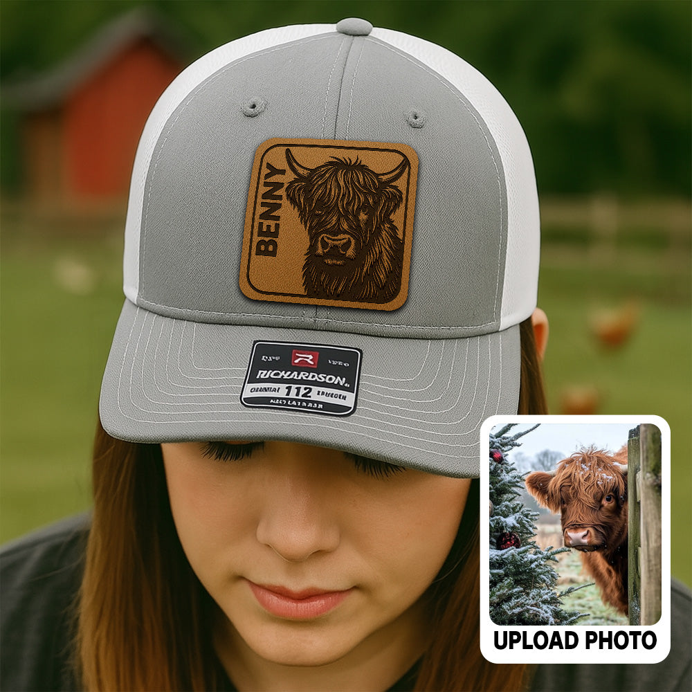 Personalized Cow Photo Leather Patch Hat | Custom Farm Photo Trucker Hat | Farm Leather Patch Hat THUC99