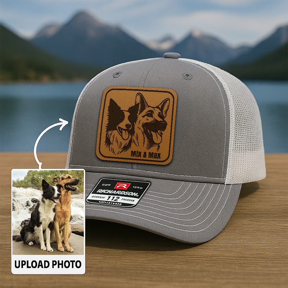 Custom Pet Photo Leather Patch Hat | Gift For Pet Lovers | Personalized Pet Photo Trucker Hat TNGANSP012