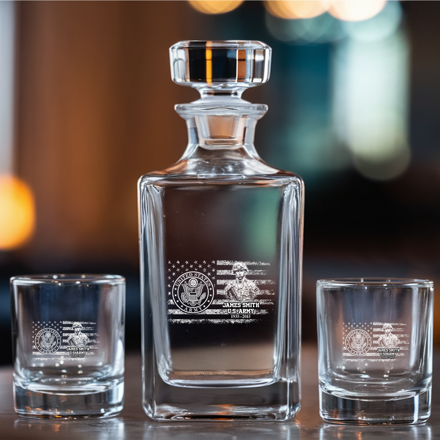 Custom Design Veteran Decanter With Whiskey Set, Military Soldier Gift, Patriotic Gift for Veterans, Gift For Independence Day, Veteran Whiskey Glass TND098