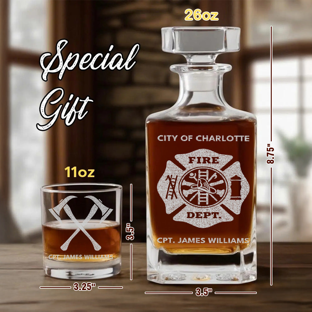 Custom Fire Department Whiskey Decanter Set, Engraved Name Firefighter Gift