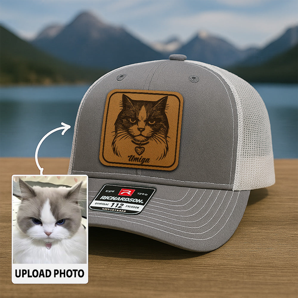 Custom Cat Photo Trucker Hat | Personalized Cat Patch Leather Patch Hat | Gift For Cat Lovers TNGANSP026