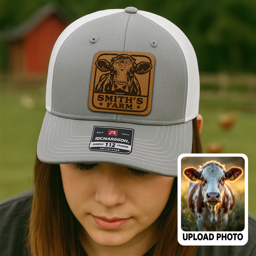 Personalized Cow Photo Leather Patch Hat | Custom Farm Photo Trucker Hat | Farm Leather Patch Hat THUC99