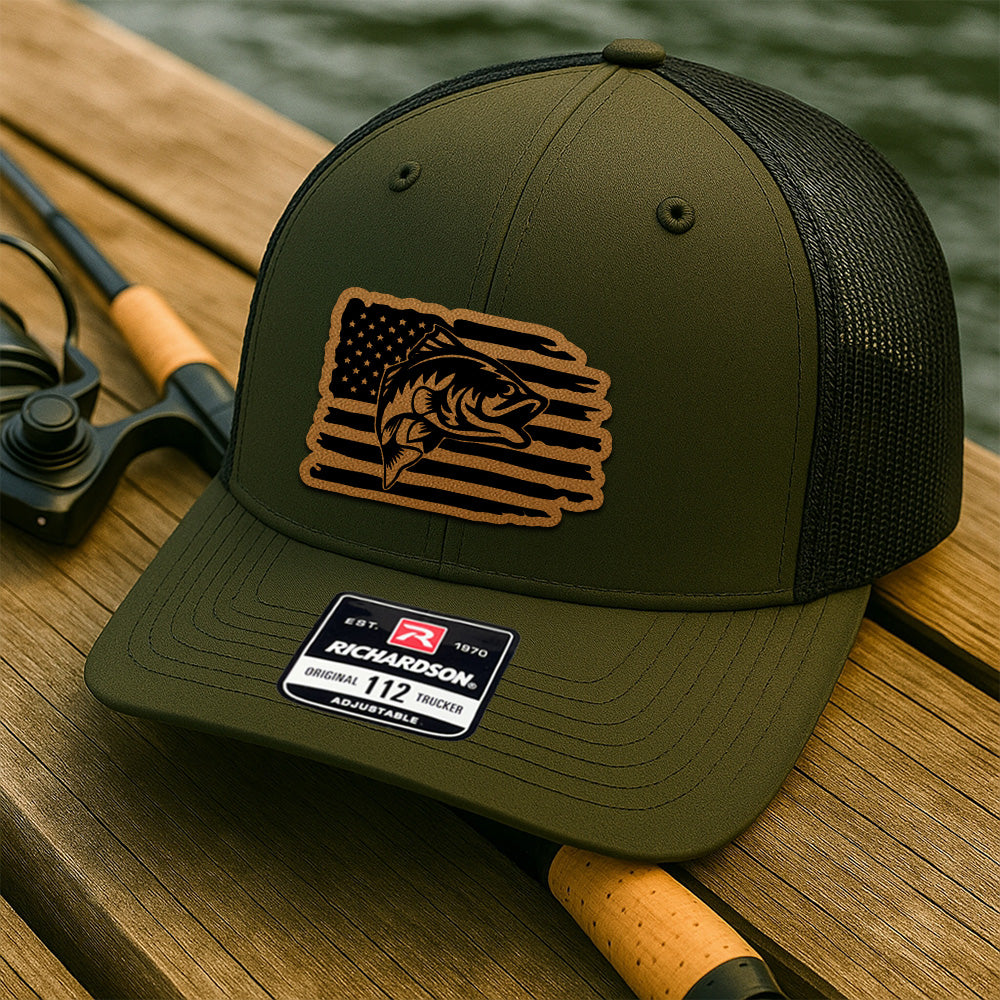 Personalized Fishing Distressed American Flag Trucker Hat – Custom Leather Patch Cap for Men THUC99MF03