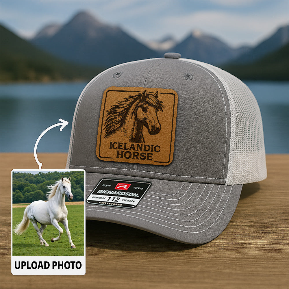 Personalized Horse Photo Leather Patch Hat | Custom Pet Photo Trucker Hat | Horse Lovers Gift THUC99P03