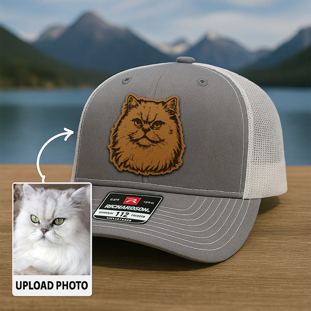 Custom Cat Photo Trucker Hat | Personalized Cat Photo Leather Patch Hat | Gift For Cat Lover TNGANSP031