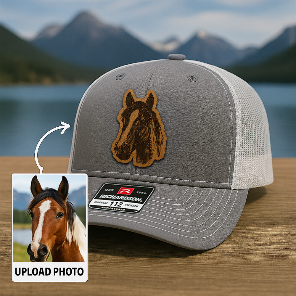 Custom Pet Photo Trucker Hat – Personalized Leather Patch Hat – Horse Portrait Gift – Custom Pet Face Hat P99A22