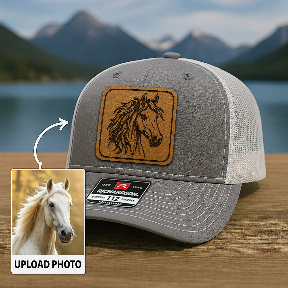 Personalized Horse Photo Leather Patch Hat | Custom Pet Photo Trucker Hat | Unique Gift For Horse Lovers THUC9905