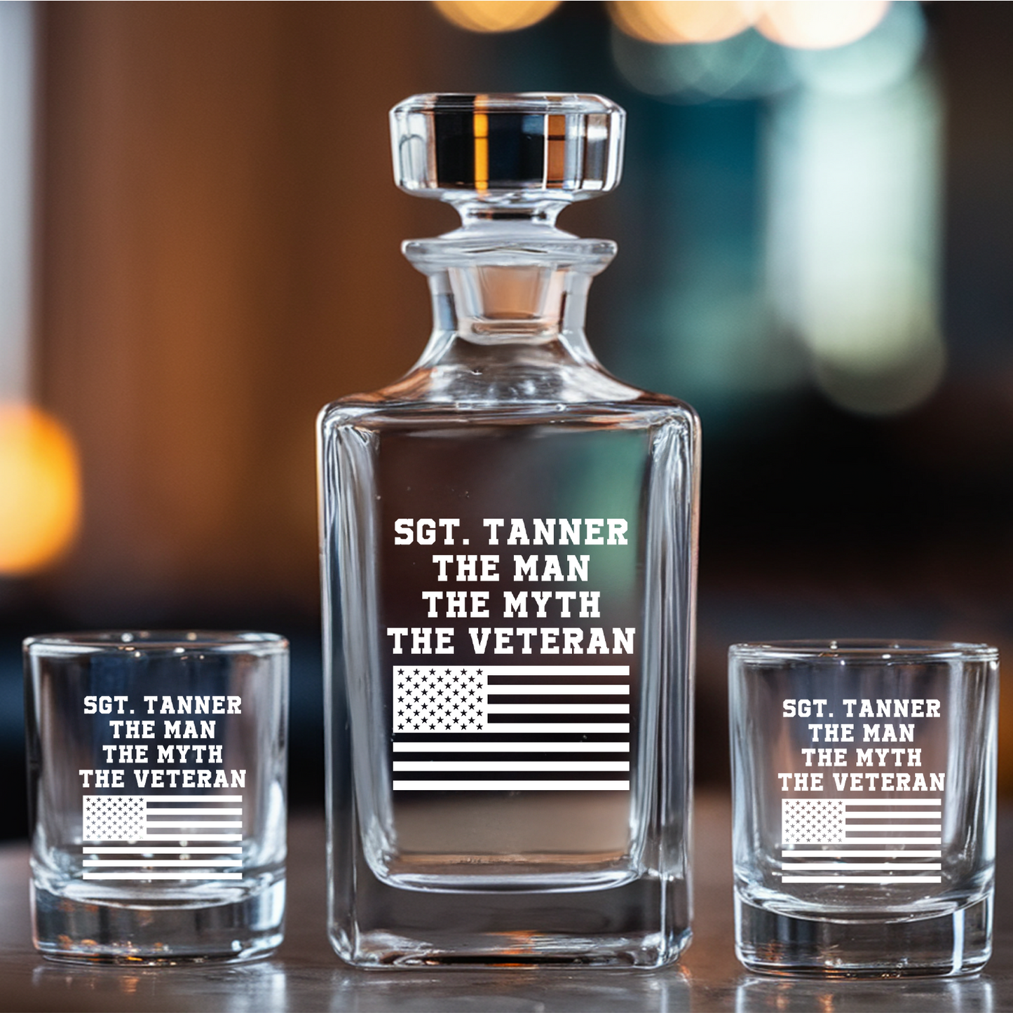 Personalized US Veteran Whiskey Decanter Gift Set | American Flag Whiskey Glass | Patriotic Gift for Veterans