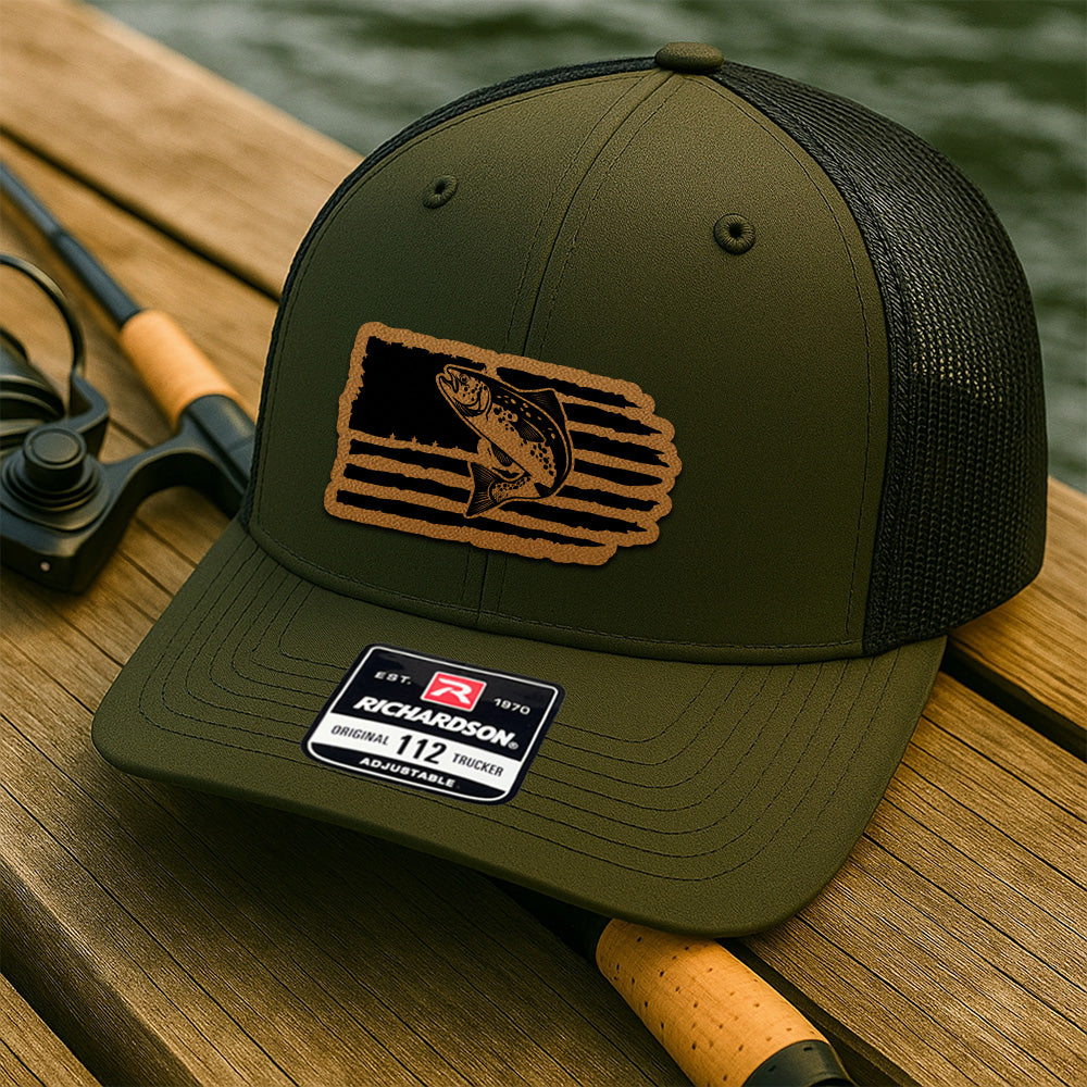 Personalized Fishing Leather Patch Trucker – American Flag Edition – Gift for Outdoorsmen THUC99MF03