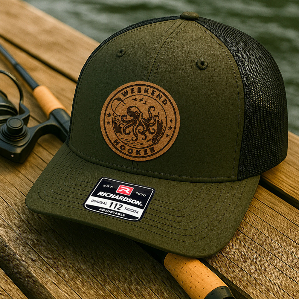 Personalized Fishing Trucker Hat – Custom Leather Patch Hat with Fish Design – Gift for Dad, Husband, or Grandpa THUC99MF02