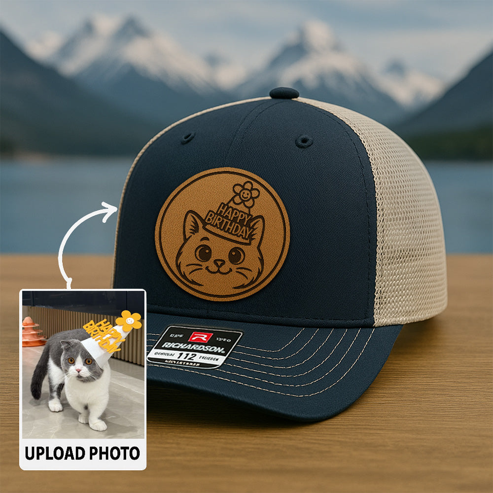 Custom Cat Photo Trucker Hat | Personalized Pet Patch Leather Patch Hat | Cat Memorial Gift TNGANSP025