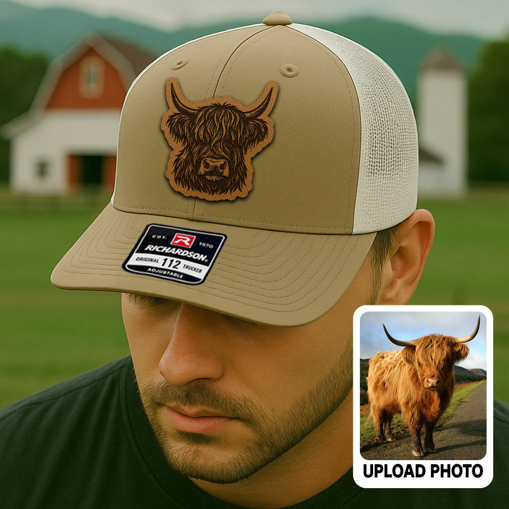 Personalized Highland Cow Photo Leather Patch Hat | Custom Farm Trucker Hat | Gift For Farm Lover THUC99