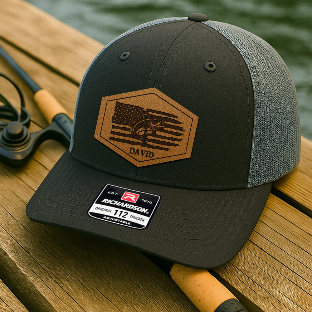 Custom Name Logo Fishing American Flag Hat – Personalized Leather Patch Hat Gift For Fishman THUC99MF03