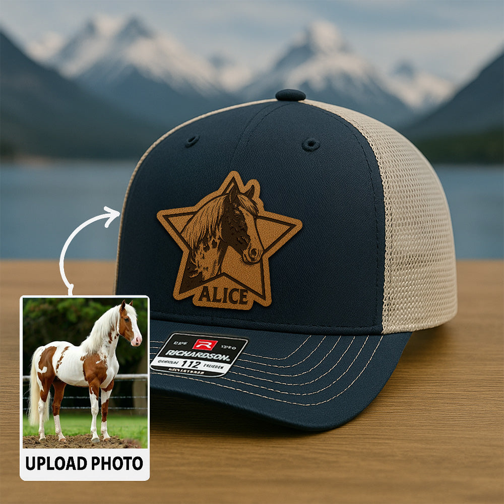 Personalized Horse Photo Leather Patch Hat | Custom Pet Photo Trucker Hat | Unique Gift For Horse Lovers THUC9909