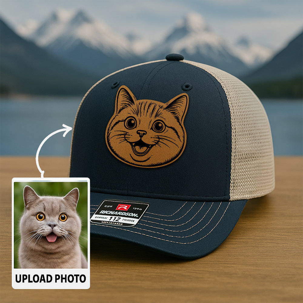 Custom Pet Photo Trucker Hat – Personalized Leather Patch Hat – Cat Portrait Gift – Custom Pet Face Hat P99A15