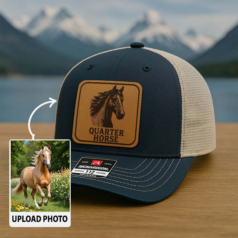 Personalized Horse Photo Leather Patch Hat | Custom Horse Photo Trucker Hat | Gift for Pet Owners THUC99P13