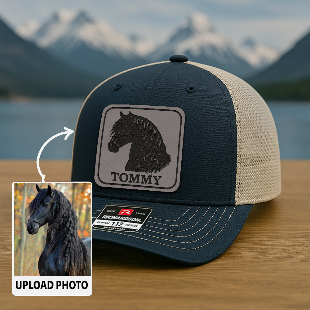 Custom Pet Photo Trucker Hat | Personalized Horse Photo Leather Patch Hat | Horse Portrait Gift THUC99P15