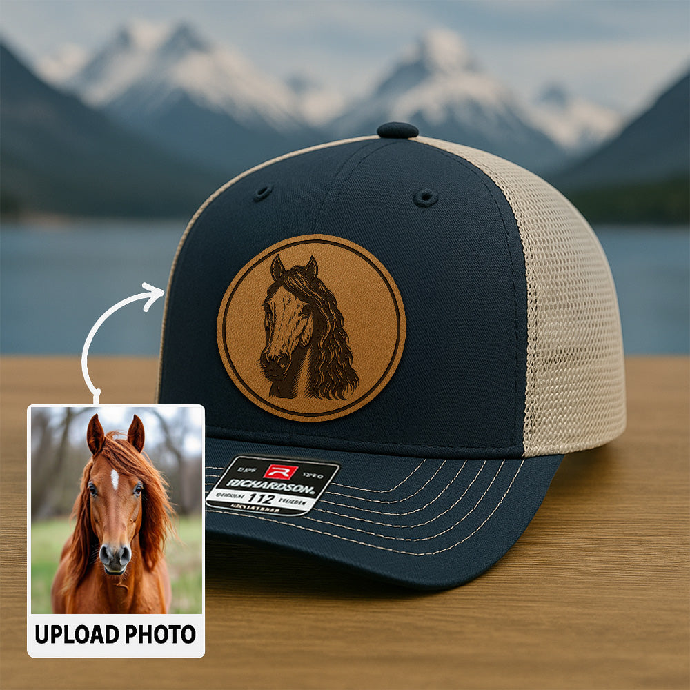 Personalized Photo Leather Patch Hat | Custom Horse Photo Trucker Hat | Gift For Pet Owners THUC99P10