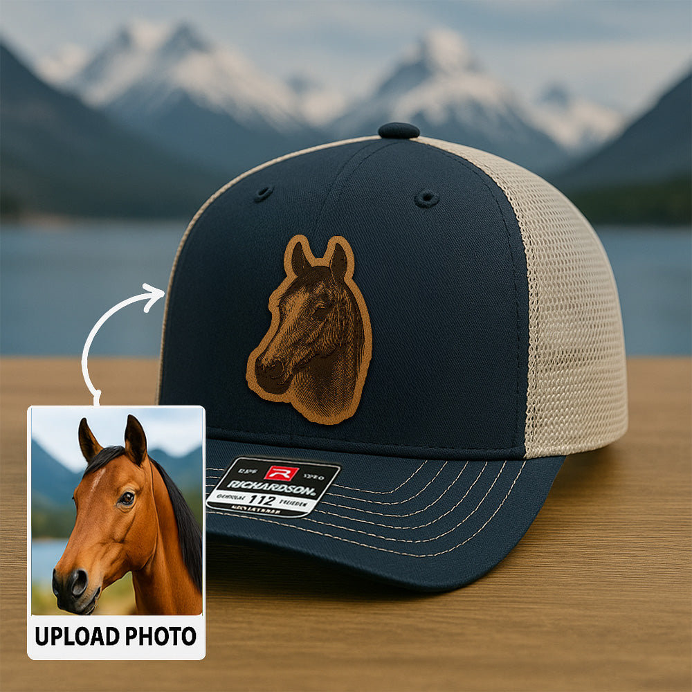 Custom Pet Photo Trucker Hat – Personalized Leather Patch Hat – Horse Portrait Gift – Custom Pet Face Hat P99A24