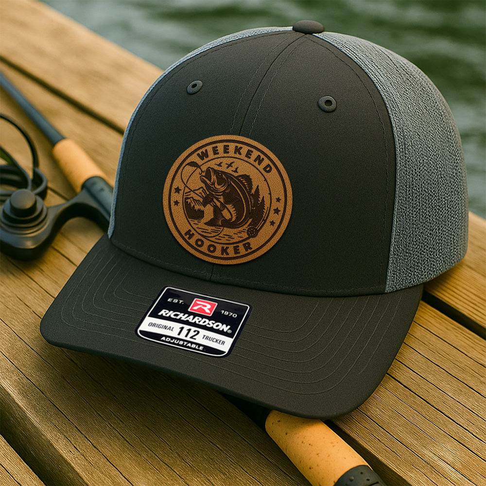 Personalized Fishing Leather Patch Hat – Custom Engraved Trucker – Perfect Gift for Husband, Dad, or Brother THUC99MF24