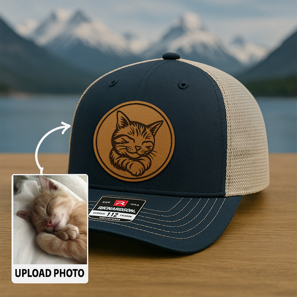 Custom Cat Photo Trucker Hat | Personalized Cat Photo Leather Patch Hat | Gift For Cat Lover TNGANSP033